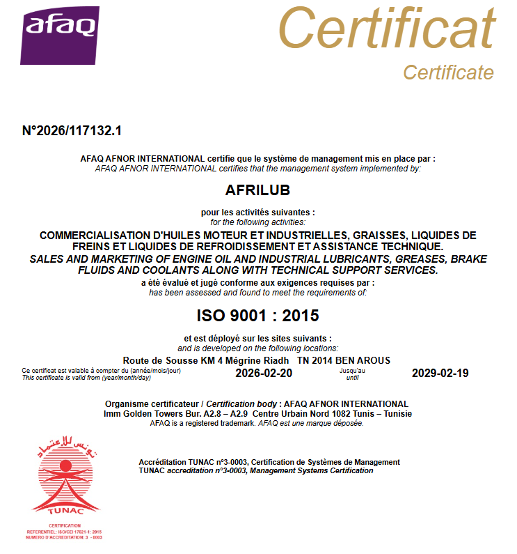 Certificat ISO 9001 AFRIBUB